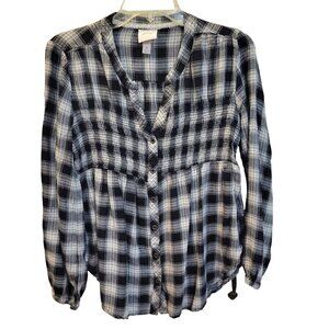 Knox Rose Sz M Black White Plaid LS Full Button Smocked Rayon Flannel Blouse